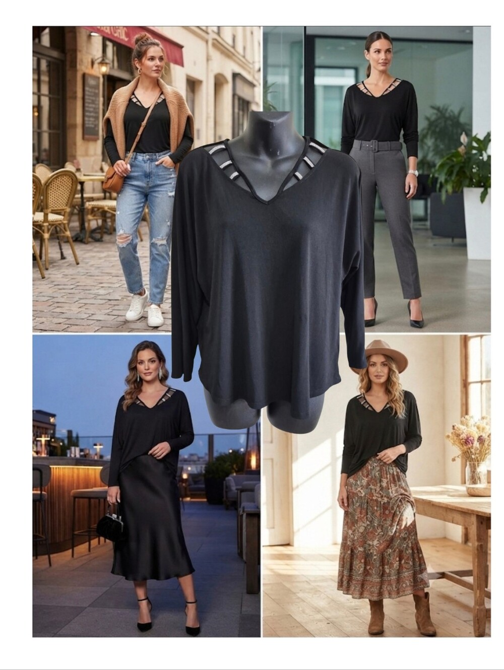 Scarlett Black Strappy V-Neck Long Sleeve Top Love Scarlett Size Xl